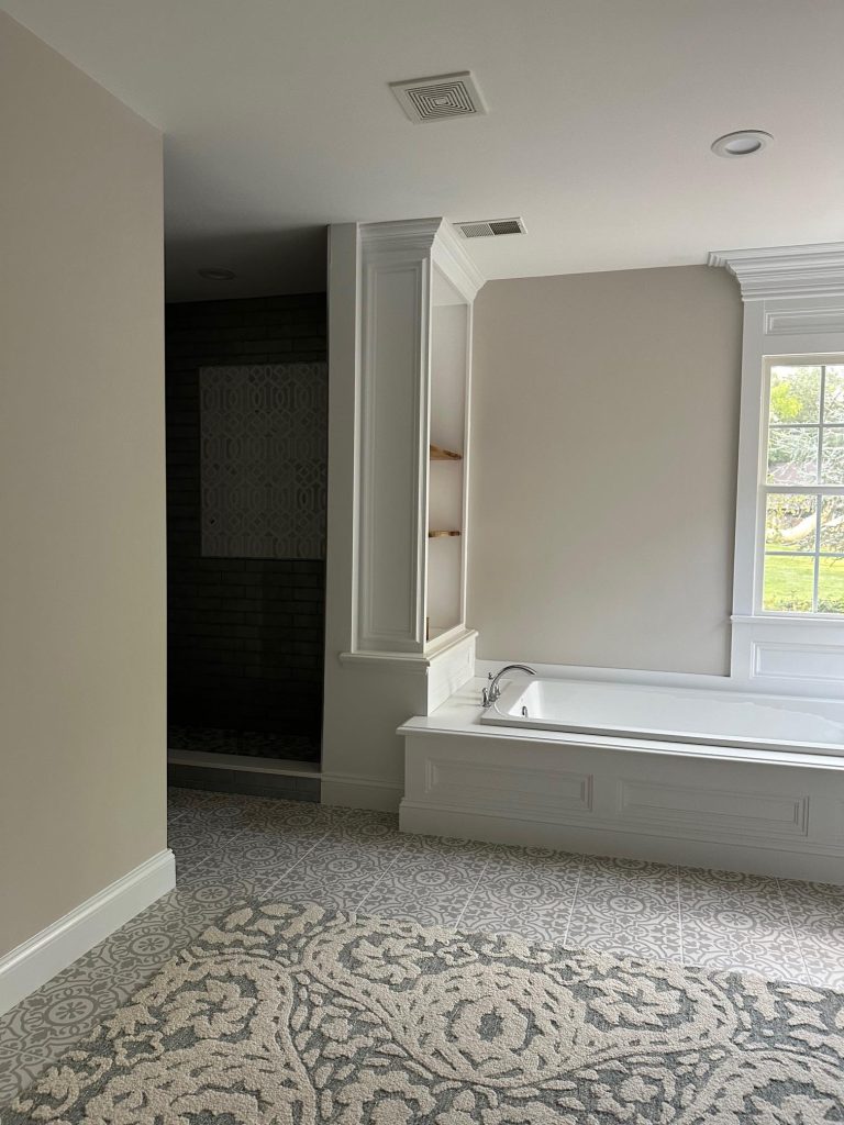 a clean beautifull bath area with bathtub