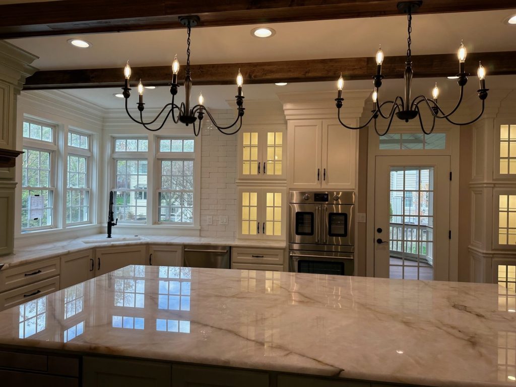 Modern kitchen with chandelier